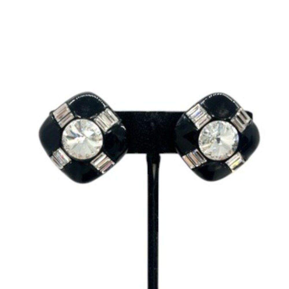 VINTAGE ST JOHN EARRINGS Signed Black Enamel Rhinestone Clip On 1"